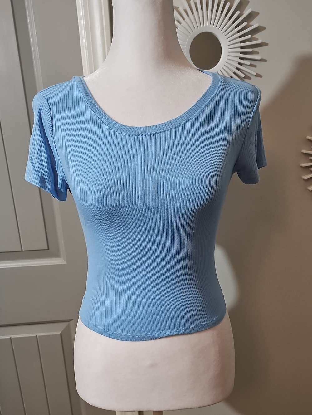 Bozzolo Sky Blue Ribbed Scoop Crop Top